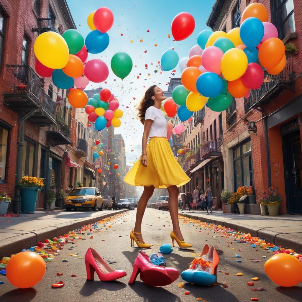 A whimsical scene featuring an array of stylish shoes of various designs and colors scattered playfully, with joyous characters happily trying them on. The background showcases a vibrant city street filled with cheerful people, emphasizing the impact of shoes on their moods. Incorporate elements of fun and delight, like floating balloons and sparkling confetti, to enhance the joyful atmosphere. super-realistic. vibrant colors. energetic mood.