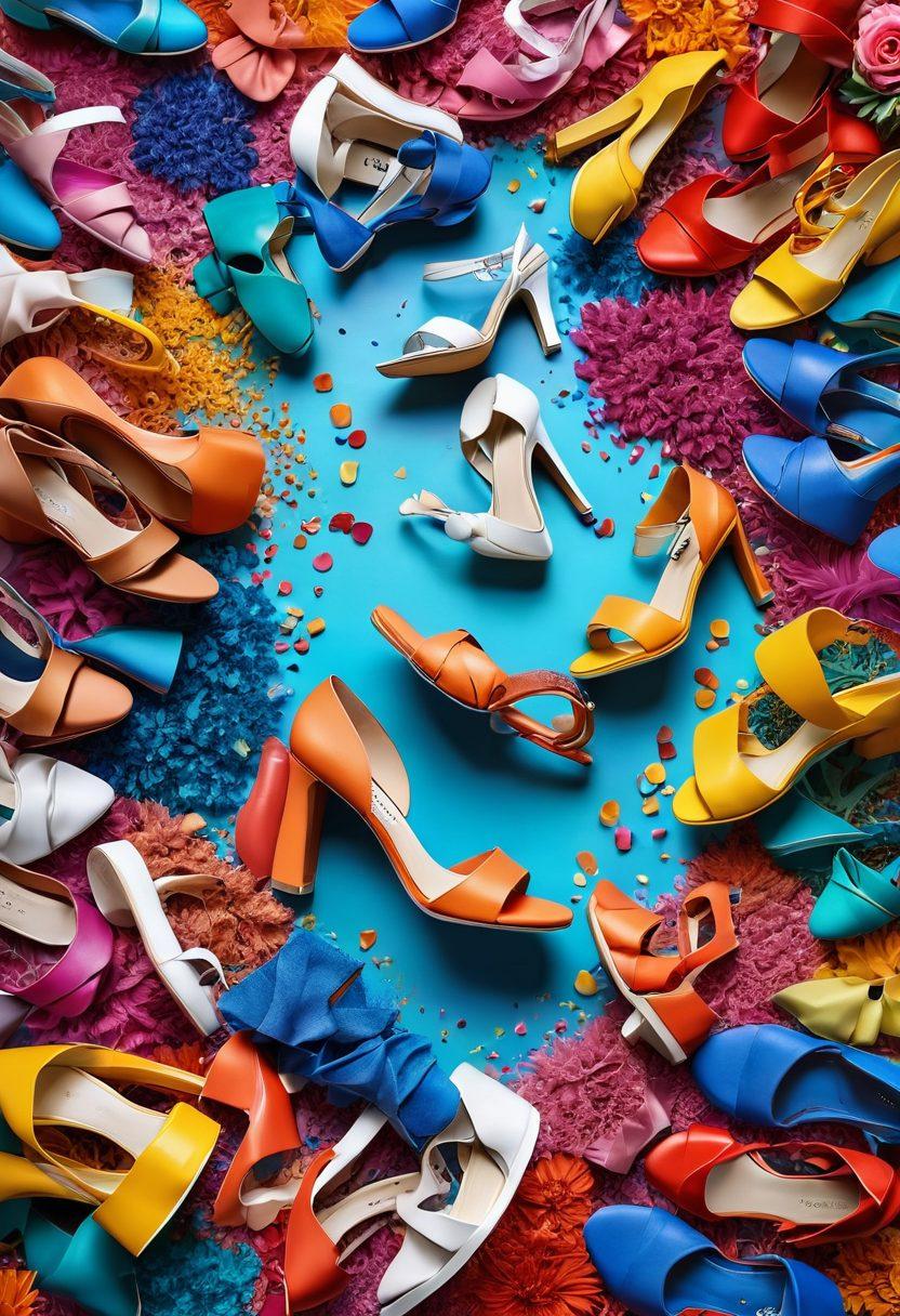A vibrant scene showcasing diverse footwear styles, including colorful sneakers, elegant heels, and comfortable sandals, arranged in a joyful spiral pattern. Add whimsical, floating elements like confetti and smiles to symbolize elevated moods. The background should feature a sunny park with flowers blooming, representing happiness and positivity. super-realistic. vibrant colors. 3D.