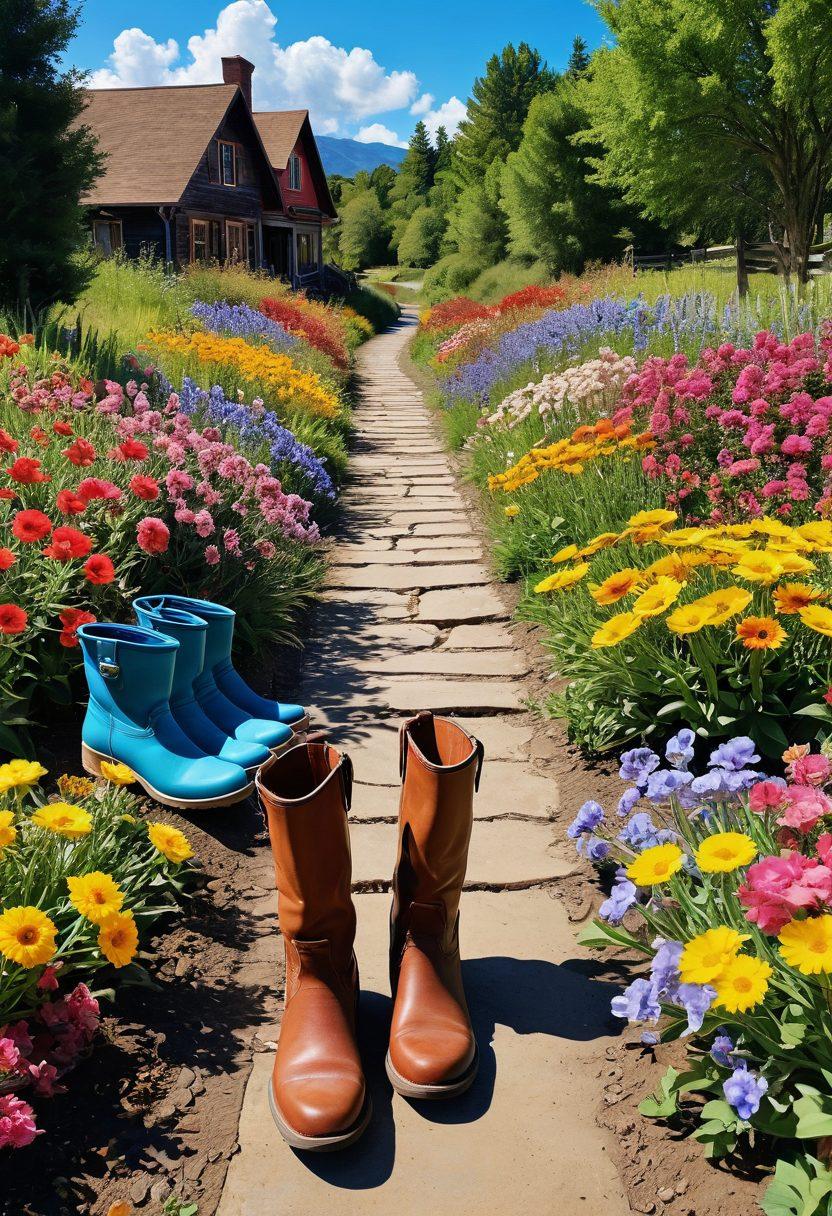 A whimsical pathway lined with various styles of boots, from stylish ankle boots to sturdy work boots, leading through a bright and cheerful landscape filled with colorful flowers and sunny skies. Include a smiling character, embodying joy and positivity, as they walk confidently along the path. The scene should radiate warmth and happiness, inviting the viewer into a world of cheerfulness. vibrant colors. super-realistic.